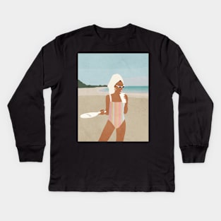 Girl on the beach, Woman, Mid century art Kids Long Sleeve T-Shirt